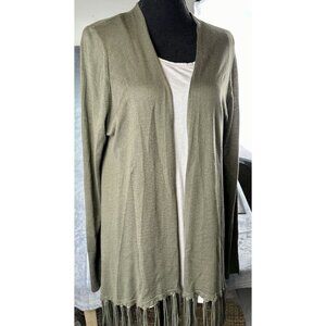 Lane Bryant Open Front‎ Cardigan Women’s Size 14/16 Olive Green Fringe XL Knit